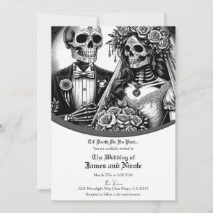Invitación Novia y Novio Esqueleto Boda Blanco y Negro