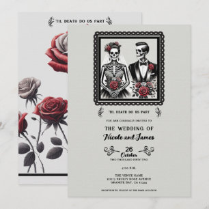 Invitación Novia y Novio Esqueleto Pareja Gris Floral Boda