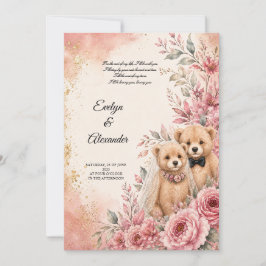 Invitación Novia y Novio Osito de Peluche Lindo Floral Rosa
