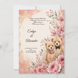 Invitación Novia y Novio Osito de Peluche Lindo Floral Rosa