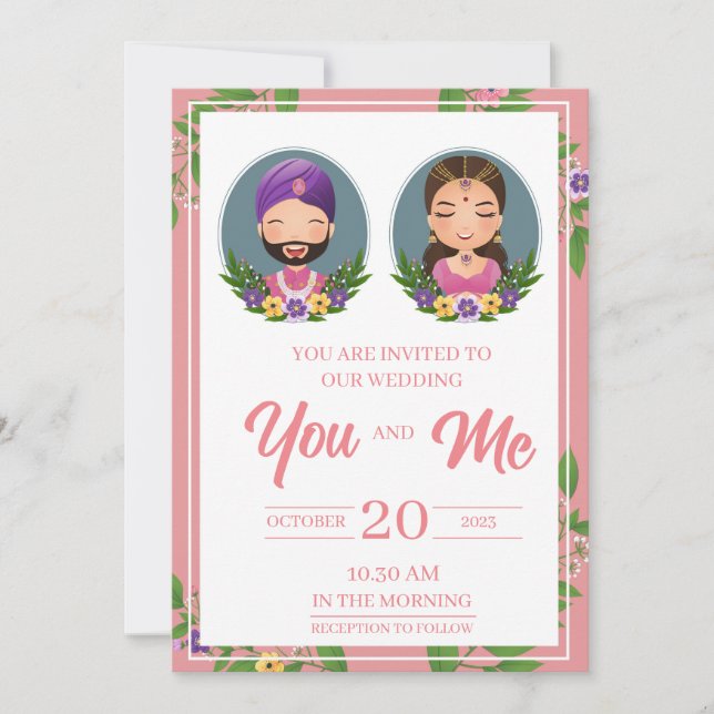 Invitación Novia y novio personalizado de vestimenta india li (Anverso)