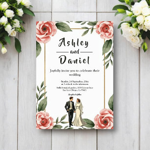 Invitación Novia y Novio Románticos de Acuarela Floral Boda