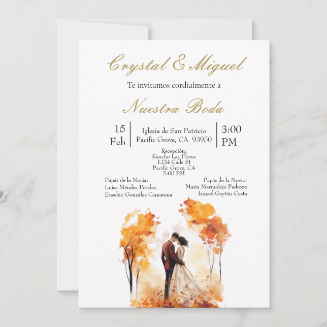 Invitación Novia y novio silueta de otoño (Anverso)