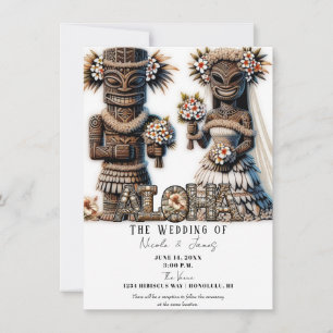 Invitación Novia y Novio Tiki Hawaiano Polinesio Boda