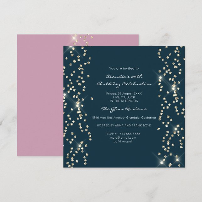 Invitación Novias Cumpleaños Oro Confetti Cristales Rosa Azul (Anverso / Reverso)