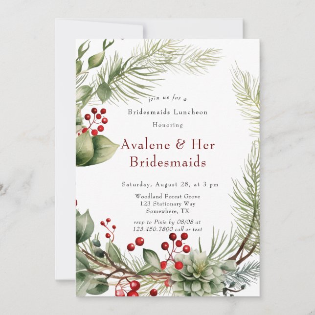 Invitación Novias de Bridesmaids de Red Berries Pine Wreath L (Anverso)