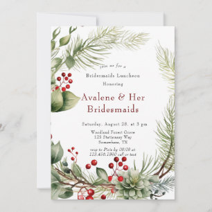 Invitación Novias de Bridesmaids de Red Berries Pine Wreath L