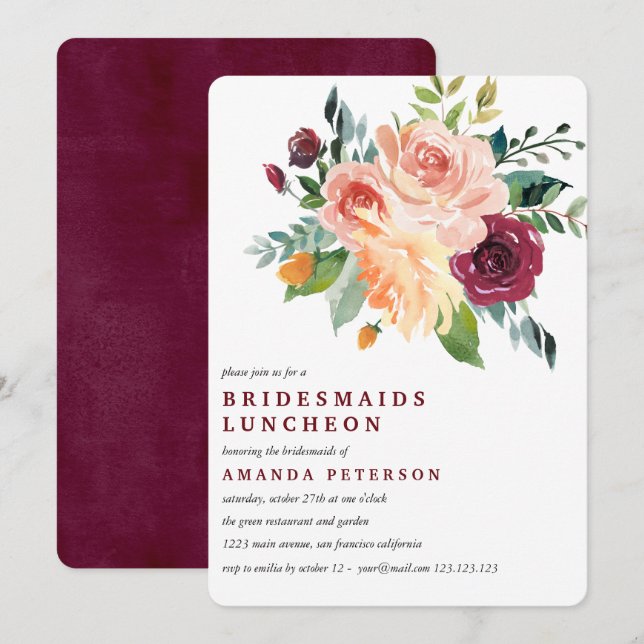 Invitación Novias de Burgundy Bloom Boda del almuerzo (Anverso / Reverso)