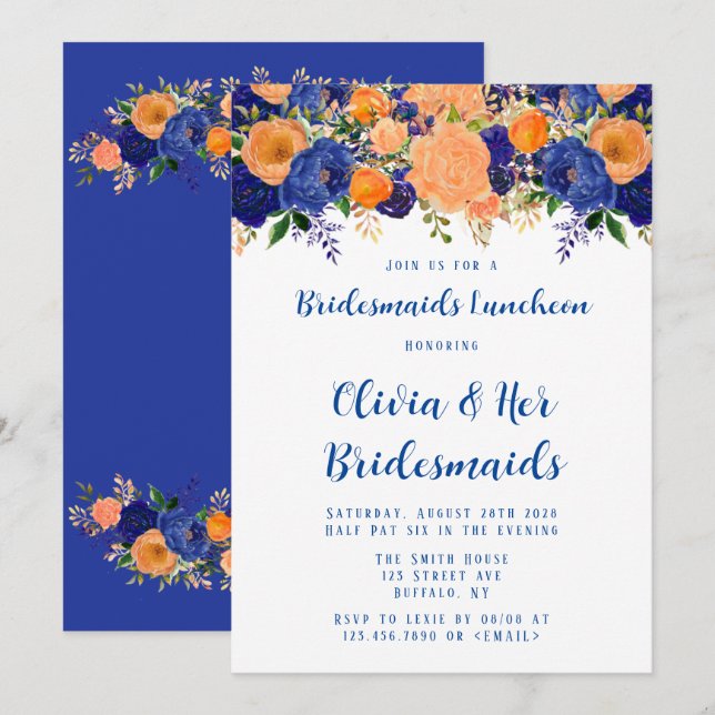 Invitación Novias de la Marina Azul y Naranja Floral Luncheon (Anverso / Reverso)