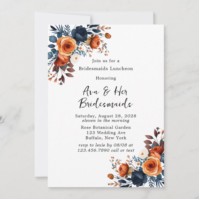 Invitación Novias de la Marina azul y Naranja Peony Bridesmai (Anverso)