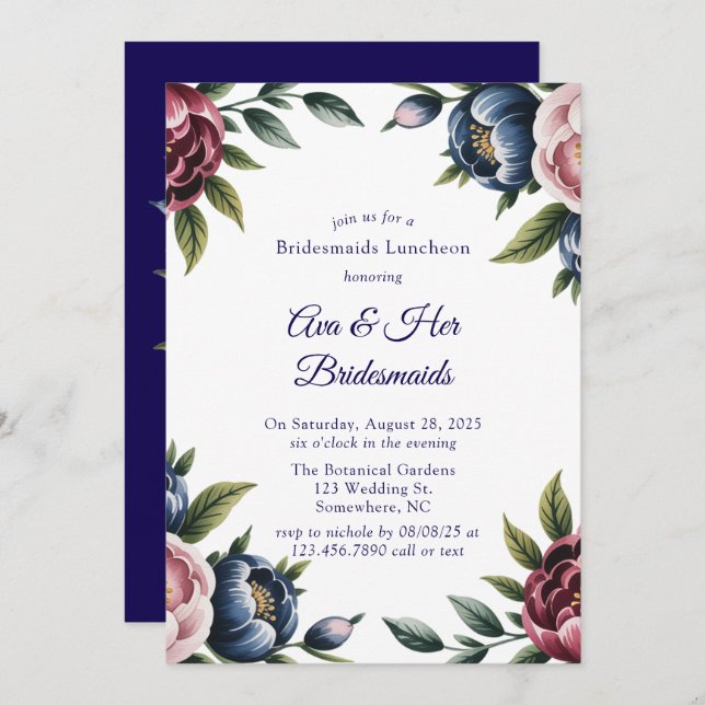 Invitación Novias de la Marina Borgoña Rubor Peony Bridesmaid (Anverso / Reverso)
