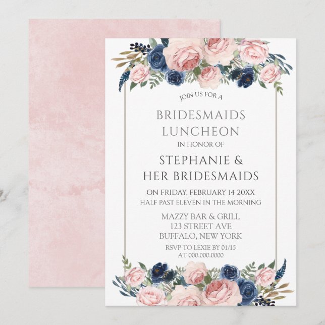 Invitación Novias de novias de la marina rosa de Rubor Lunche (Anverso / Reverso)