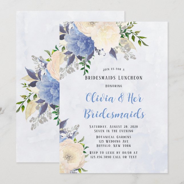 Invitación Novias de Novias de la Peonia Azul Polvoriento Ama (Anverso / Reverso)