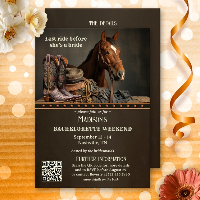 Invitación Novias de último viaje Fin de semana de Bacheloret (Brides last ride bachelorette weekend itinerary program template with a horse and cowboy boots.)