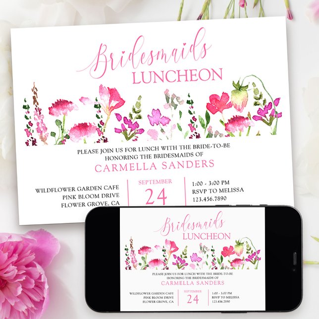 Invitación Novias femeninas rosadas de flores silvestres (Bridal Shower Invitation from my Pink Wildflower Collection.)