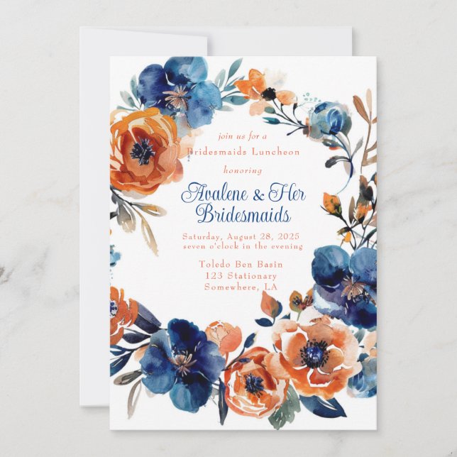 Invitación Novias florales azules y Naranjas Luncheon (Anverso)