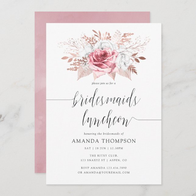 Invitación Novias florales rosadas y Rosas de Rubor Luncheon (Anverso / Reverso)