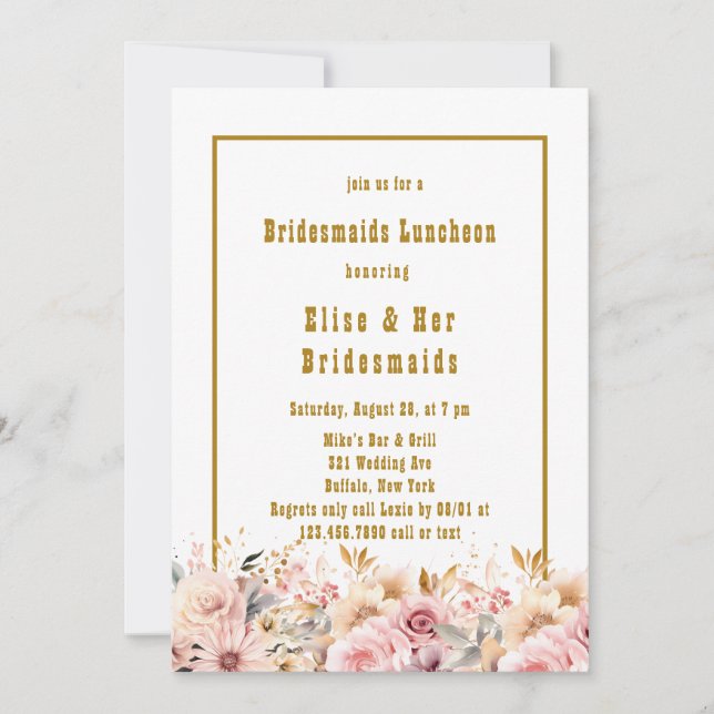 Invitación Novias florales rosas y doradas Luncheon (Anverso)