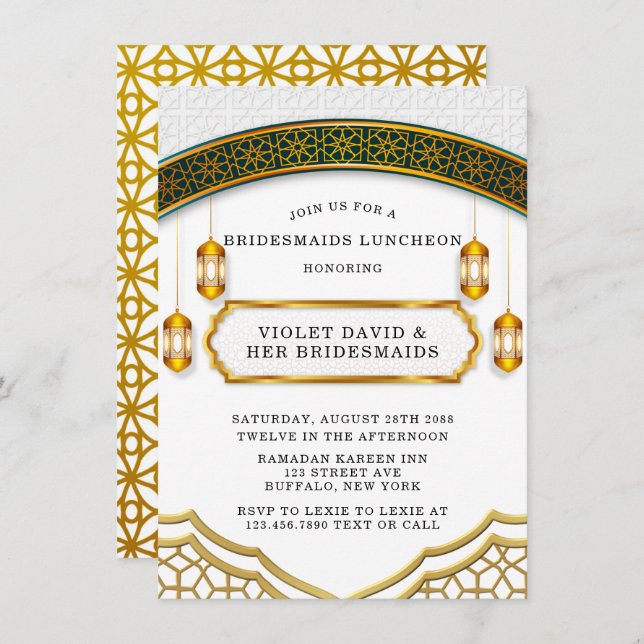Invitación Novias islámicas modernas blancas y doradas (Anverso / Reverso)