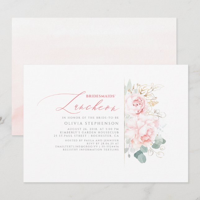 Invitación Novias Luncheon Floral Rosa Ducha Bridal (Anverso / Reverso)
