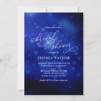 Invitación Novias modernas Ducha corazones azules Bokeh