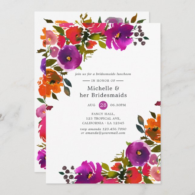 Invitación Novias moradas y Naranjas Florales (Anverso / Reverso)
