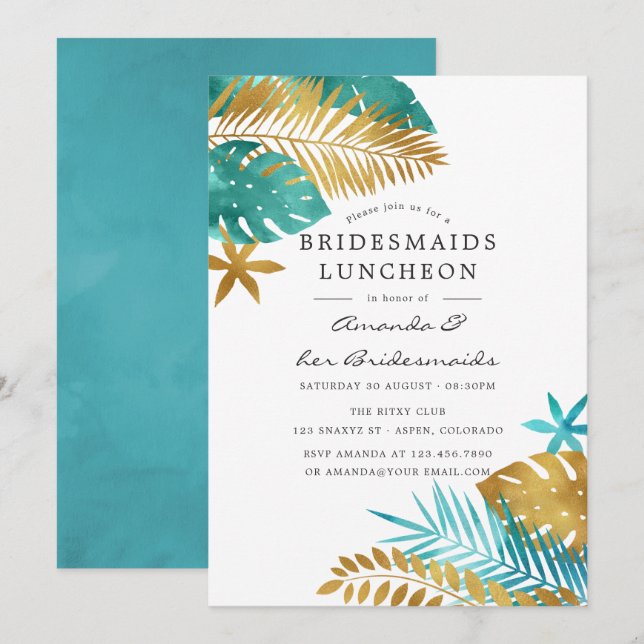 Invitación Novias tropicales verde azuladas y de oro (Anverso / Reverso)