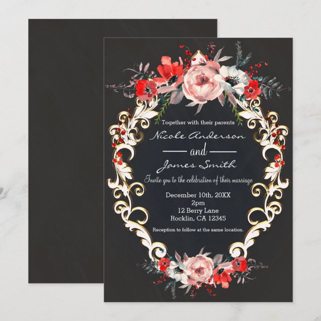 Invitación Noviembre Boda de Invierno Holly Berry Floral Eleg (Anverso / Reverso)