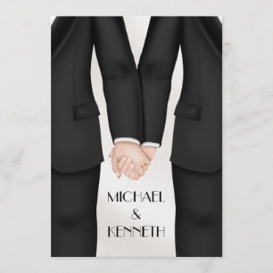 Invitación Novio de elegante boda gay sosteniendo manos