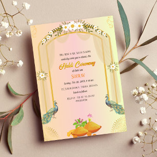 Invitación Novio hindú indio ceremonia Haldi pavo real