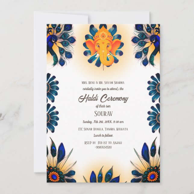 Invitación Novio hindú indio Ceremonia Haldi Tema del Pavo Re (Anverso)
