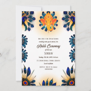 Invitación Novio hindú indio Ceremonia Haldi Tema del pavo re