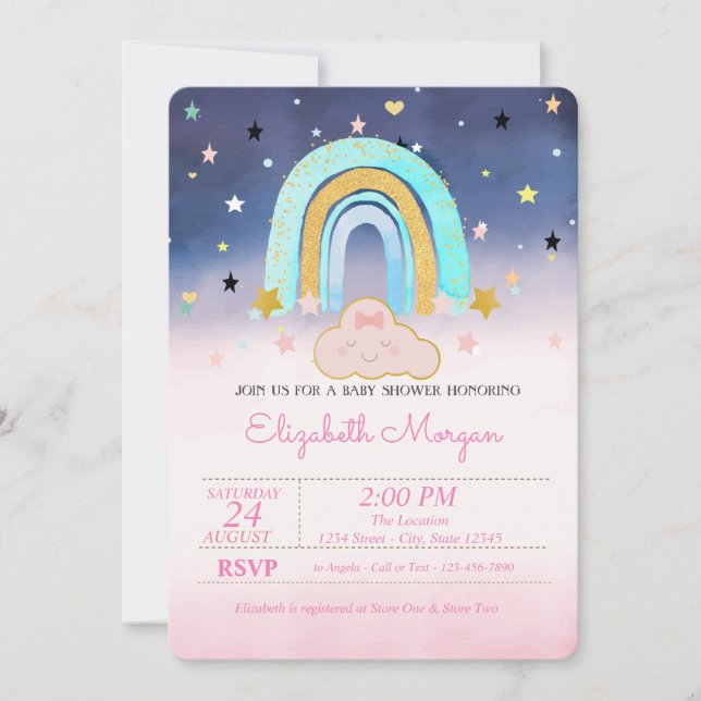 Invitación Nube Adorable Rainbow Stars Ombre Baby Shower (Anverso)