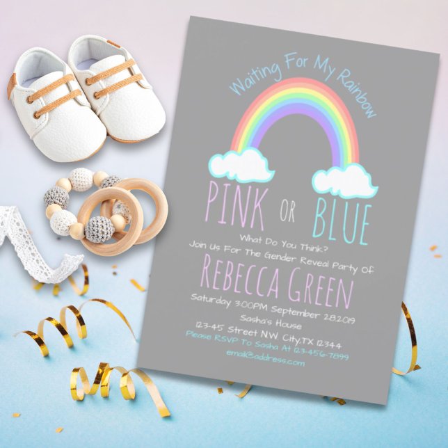 Invitación nube arcoiris rosa o azul revelar fiesta (rainbow cloud pink or blue gender reveal party invitation)