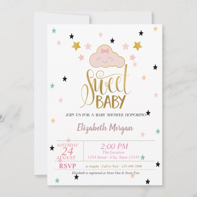 Invitación Nube Cuta, Estrellas, Baby Shower Bebé Dulce (Anverso)