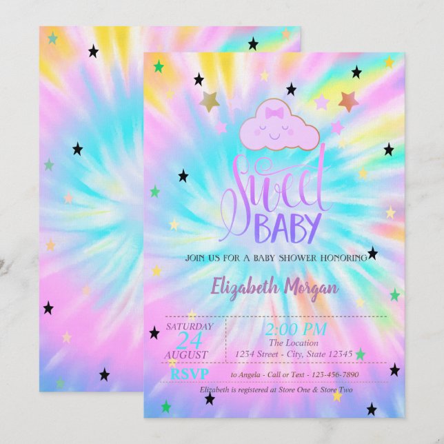 Invitación Nube Cuta, Estrellas, Dulce Bebé Tye Baby Shower (Anverso / Reverso)
