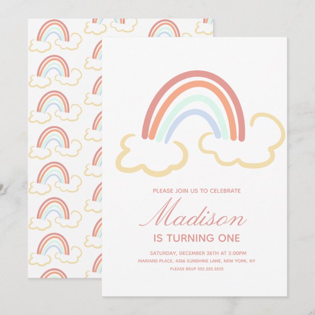 Invitación Nube de Arcoíris Garabato de Cualquier Edad Colori (Anverso / Reverso)