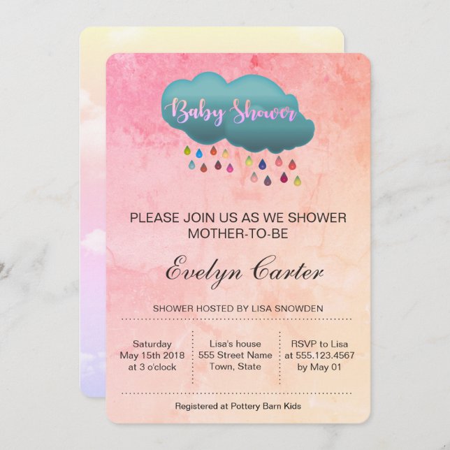 INVITACIÓN NUBE DE DUCHA DE ARCO IRIS/BABY SHOWER (Anverso / Reverso)