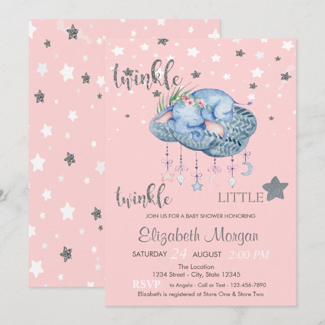 Invitación Nube de Elefante Pequeña Estrella Fiesta de Bebé (Anverso / Reverso)