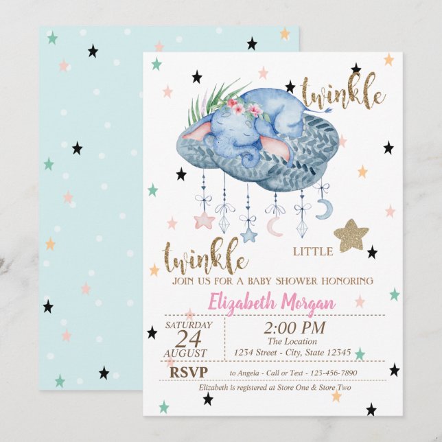 Invitación Nube de elefantes, Baby Shower de Little Star (Anverso / Reverso)