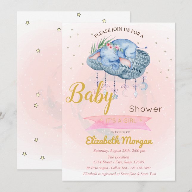 Invitación Nube de elefantes pequeños, Baby Shower de estrell (Anverso / Reverso)