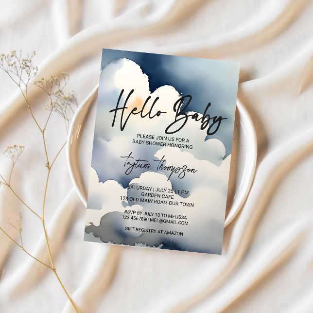 Invitación Nube de la ducha de bebé nubes grises de la ducha  (Cloud baby shower editable template invitation digital download watercolor clouds modern casual font)
