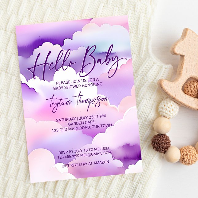 Invitación Nube de la ducha de bebé nubes violetas de la duch (Cloud baby shower purple clouds baby shower editable template invitation digital download hello baby)