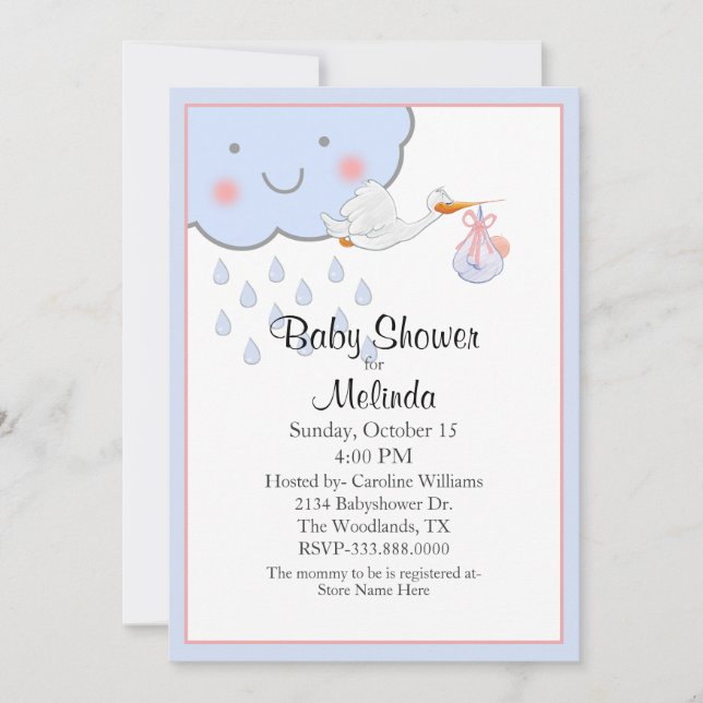 Invitación Nube de lluvia y Baby Shower de cigüeña (Anverso)
