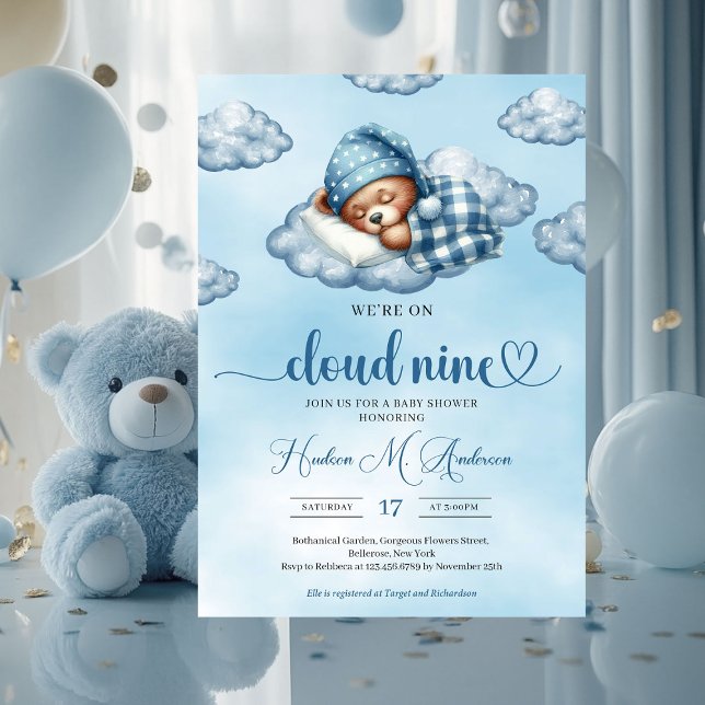 Invitación Nube de moda nueve oso de peluche Boy Baby Shower (cloud nine sleeping teddy bear boy baby shower invitation)