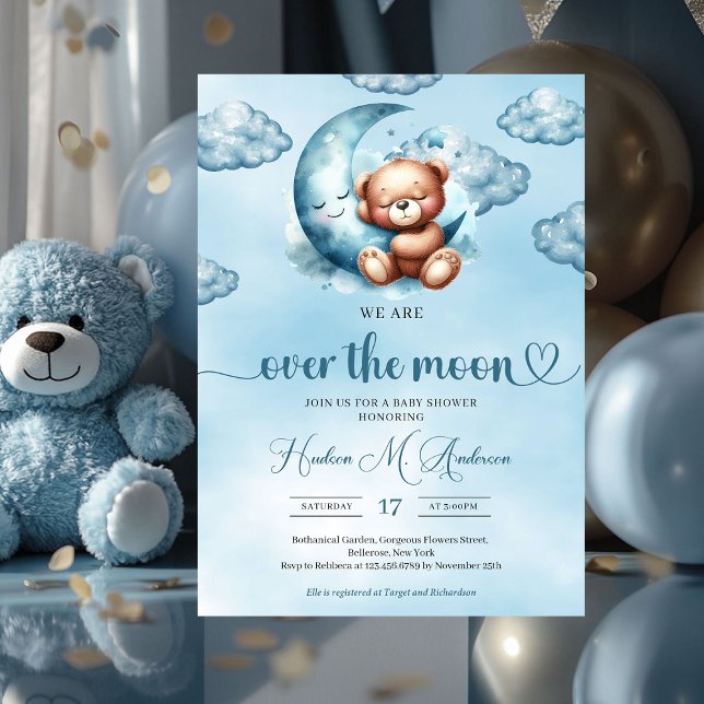 Invitación Nube de moda nueve oso de peluche Boy Baby Shower (we are over the moon boy baby shower invitation)