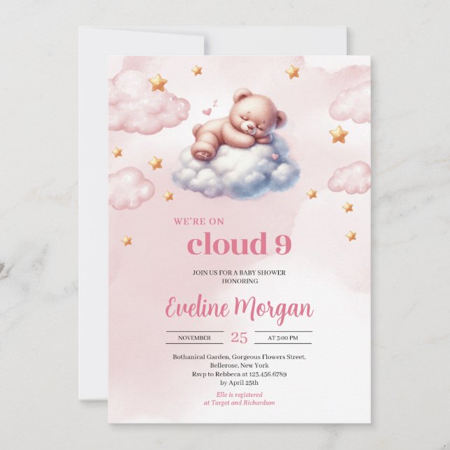 Invitación Nube de oso de peluche acuarela nueve chicas de du (Anverso)