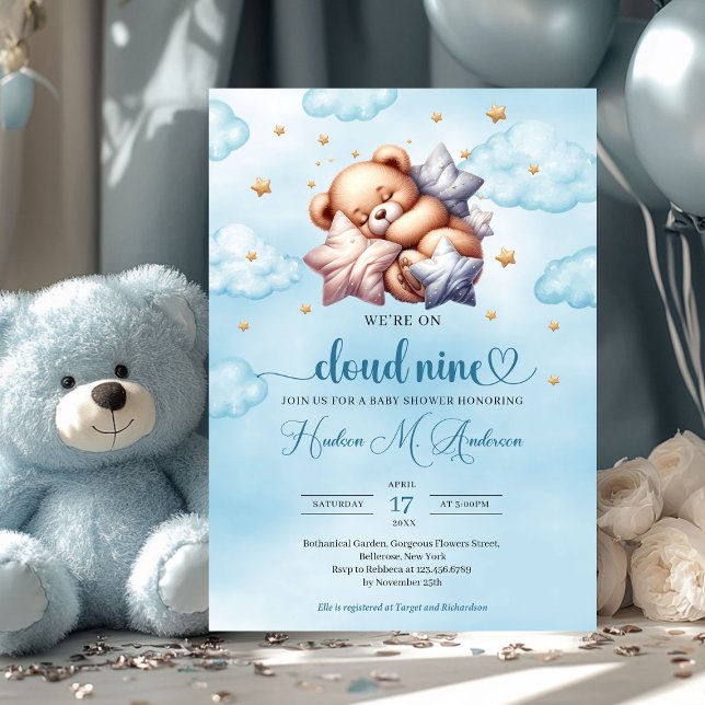 Invitación Nube de oso de peluche con sueño 9 Boy Baby Shower (cloud nine - sleeping teddy bear blue and gold boy baby shower invitation)