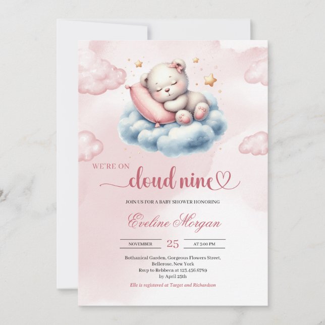 Invitación Nube de oso de peluche durmiente nueve chicas de d (Anverso)