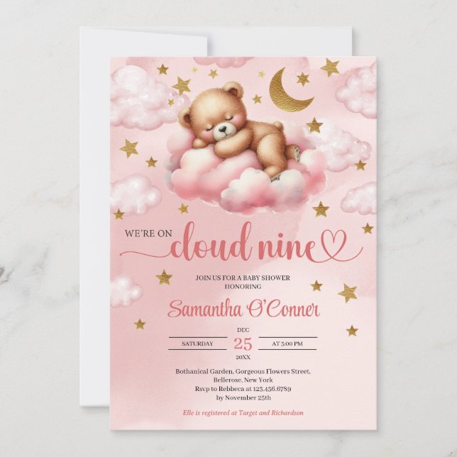 Invitación Nube de oso rosa y dorado en nueve Baby Shower (Anverso)
